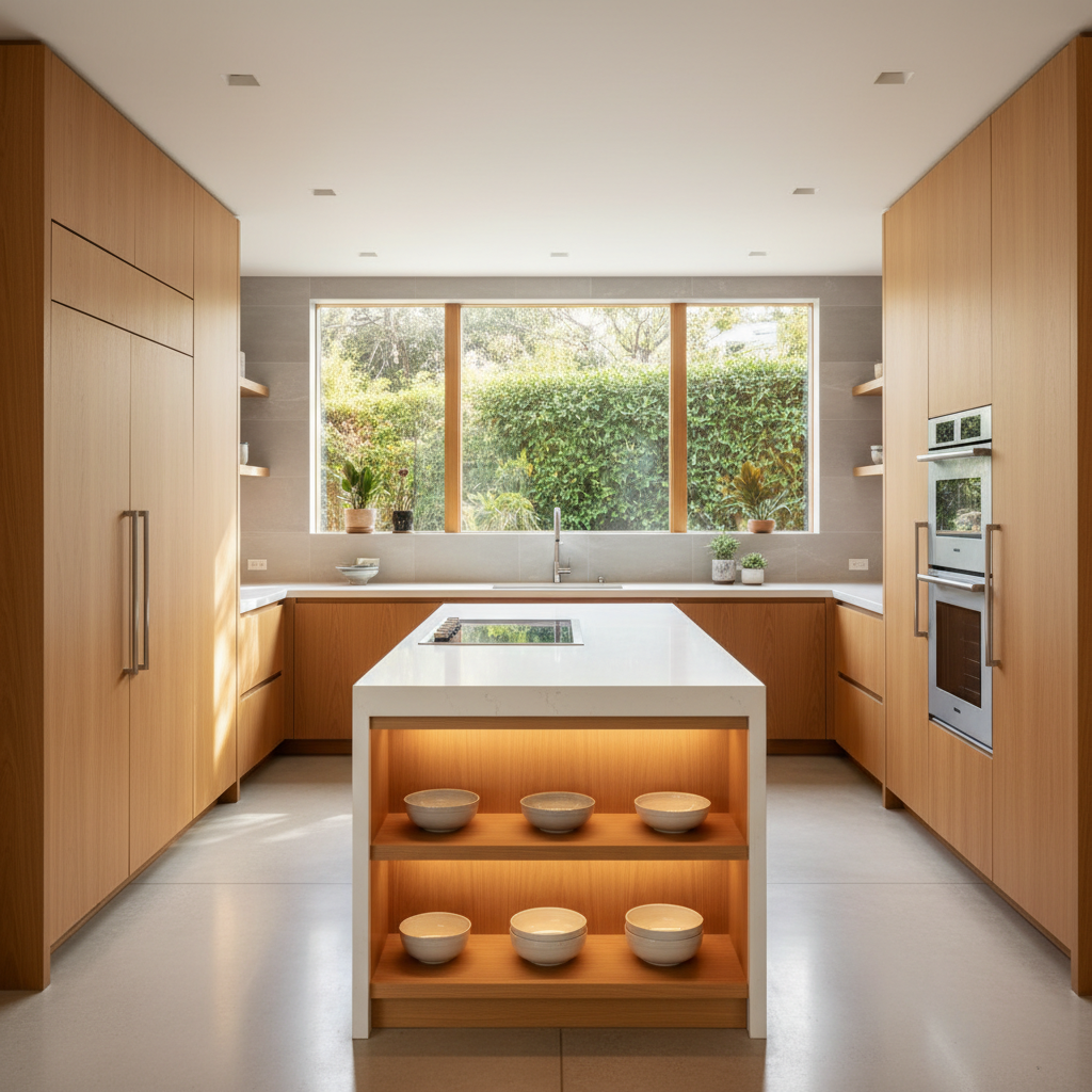 Bright upscale kitchen interior with integrated refrigerator and wall oven