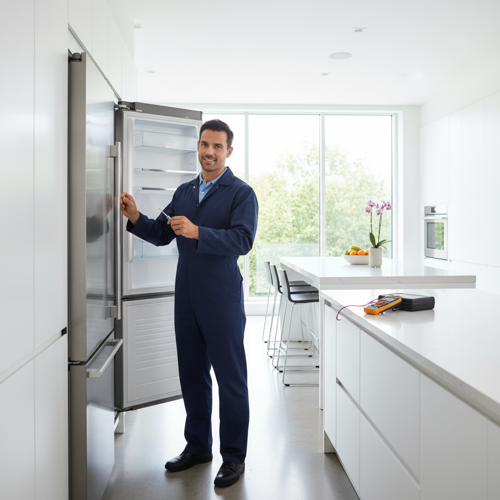 Professional appliance repair technician inspecting a built-in refrigerator